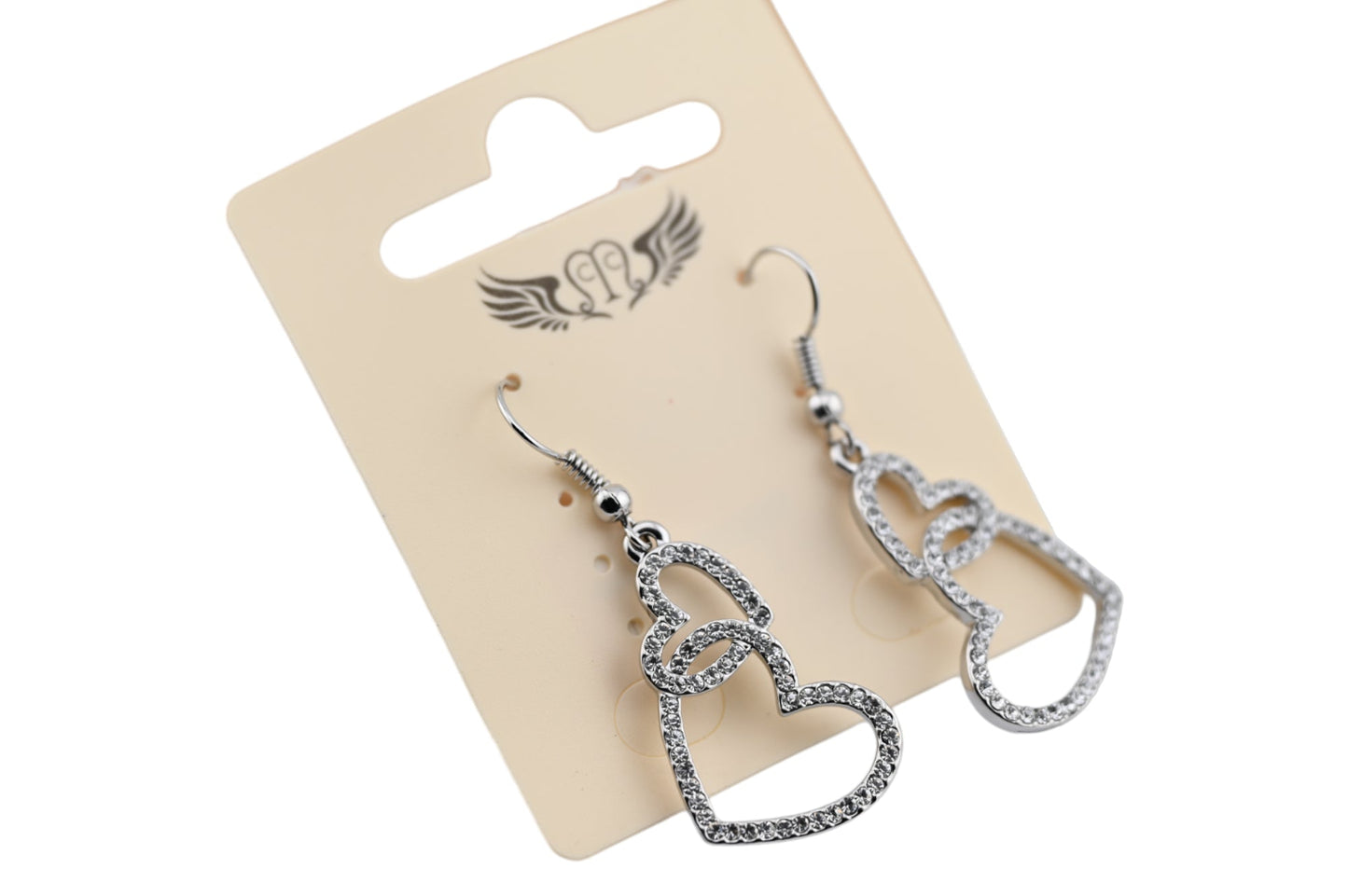 Fantasie-Ohrringe aus Silber, doppeltes Herz mit Strass