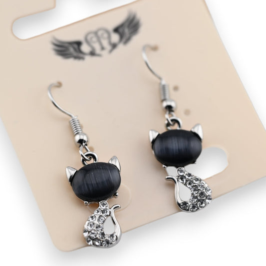 Ohrringe aus Silber, schwarzer Kater und Strass