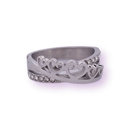 Bague coeur et strass entrelacer acier argenté