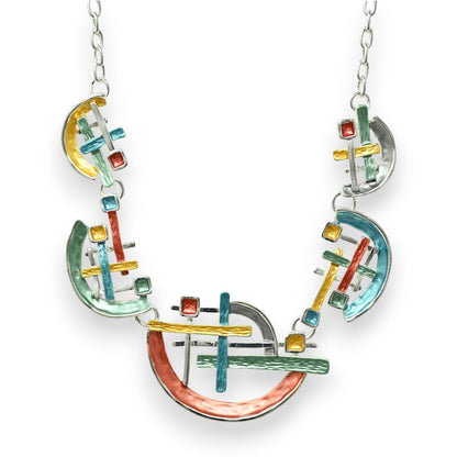 Schmuckset Silberhalskette in geometrischer, mehrfarbiger Form