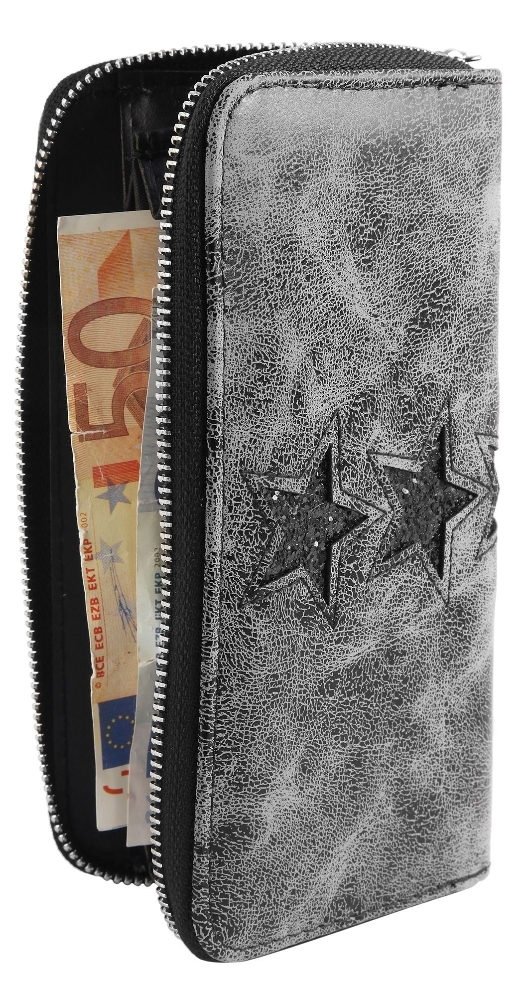 Silberne Damen Geldbörse mit Metallic-Sternen, Reißverschluss und Euroscheinen, Vintage-Look, Leder-Optik