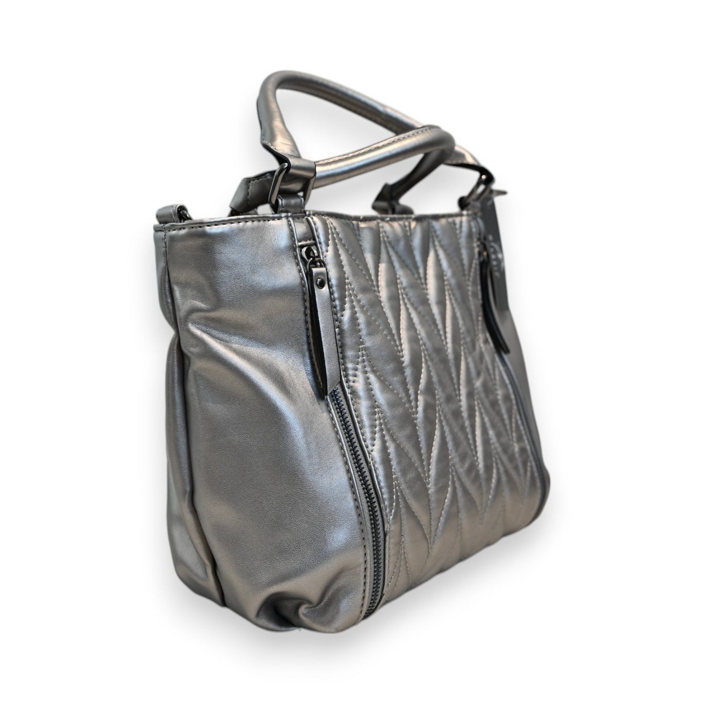Silberne Damenhandtasche mit gestepptem Muster, Reißverschluss und Metallgriffen, elegantes Design für den Alltag