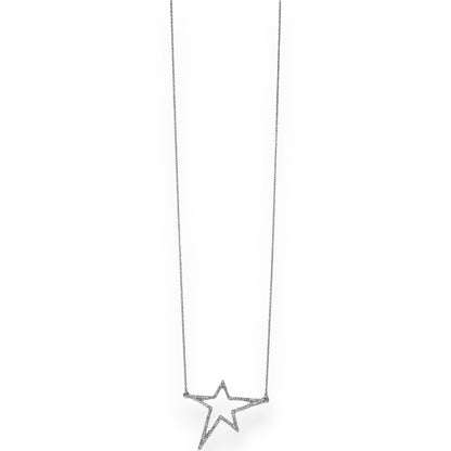Silberne Halskette mit langem Anhänger, asymmetrischer Stern aus Strass, elegantes Schmuckstück auf weißem Hintergrund