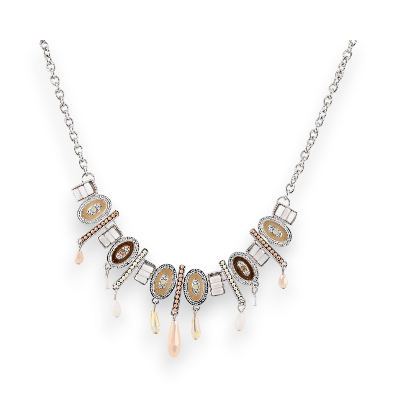 Elegante Silber-Halskette mit ovalen Anhängern, Kristallen und beigefarbenen Tropfen, Modeschmuck von Ikita