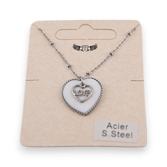 Halskette aus versilbertem Stahl mit Doppelherz-Anhänger aus Perlmutt, LOVE