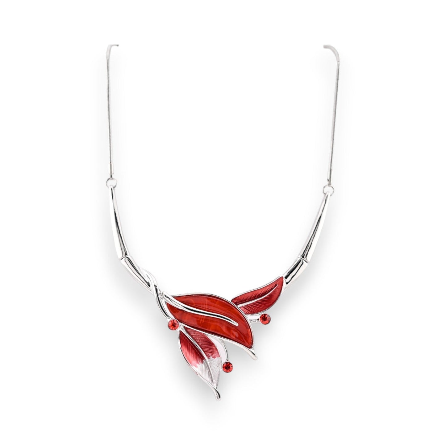 Elegante Silber-Halskette mit roten Blättern und Strasssteinen, florales Design, modischer Schmuck für Damen