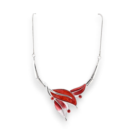 Elegante Silber-Halskette mit roten Blättern und Strasssteinen, florales Design, modischer Schmuck für Damen