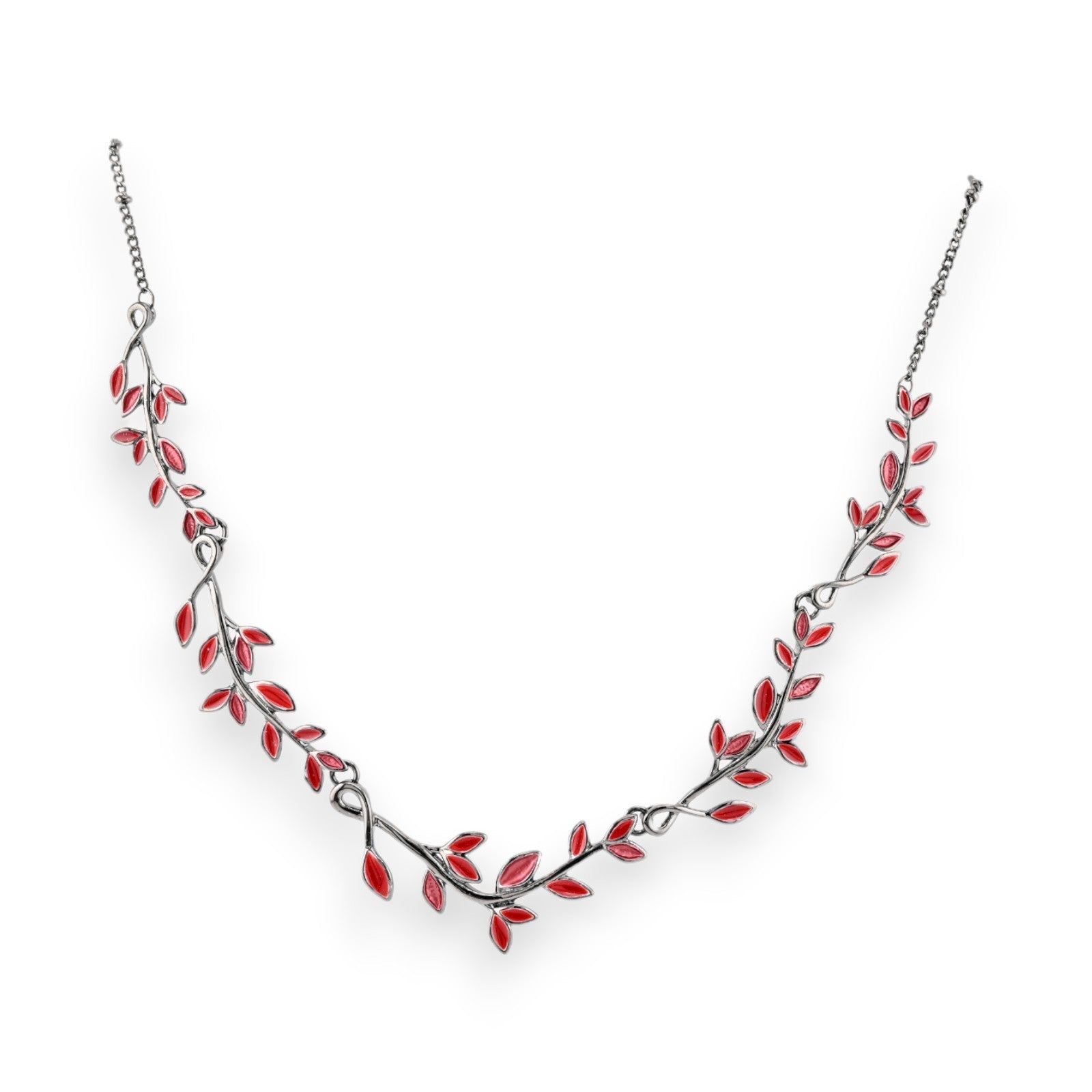 Silberne Halskette mit roten Blättern, elegantes Blattmotiv, filigrane Kette mit Anhängern in Blattform
