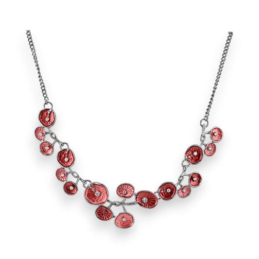 Silberne Halskette mit roten Mohnblumen-Anhängern und Kristallen, elegantes Schmuckstück im floralen Design