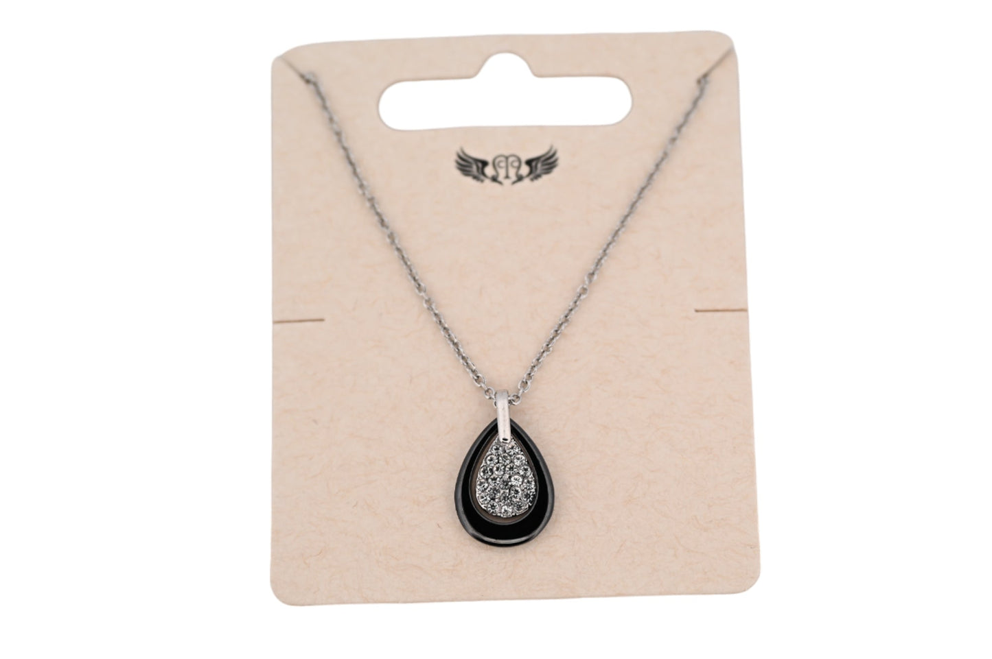Halskette aus silbrigem Stahl mit schwarzem Keramik Tropfen-Medaillon und Strass