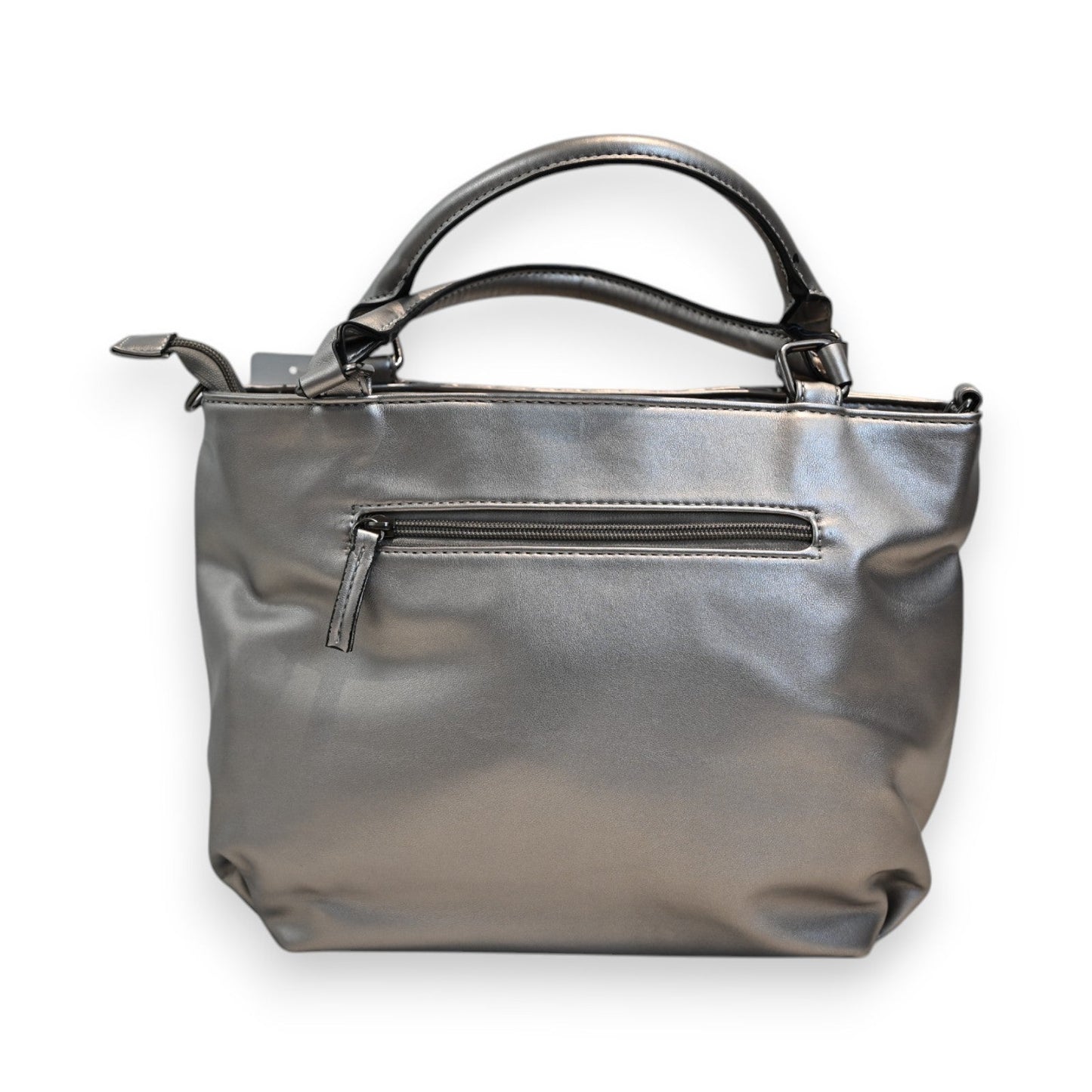 Silberne Handtasche mit gestepptem Design, Reißverschlusstasche vorne und Doppelgriffen, eleganter Alltags-Shopper