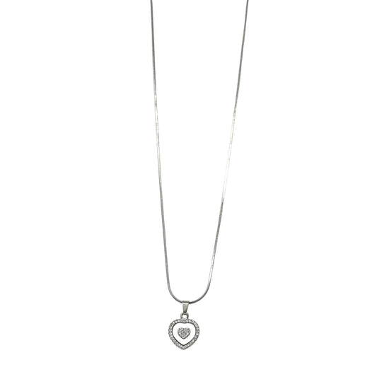 Zarte Silberkette mit Herzanhänger, Strass-Umrandung und Keramik-Herz-Zentrum, eleganter Modeschmuck