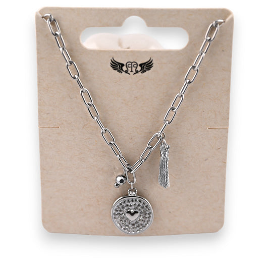 Stahl silber Medaillon Strass und kleines Herz