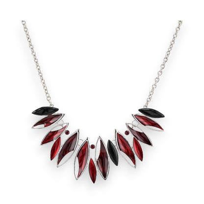 Elegante Silberkette mit bordeauxroten und schwarzen Blattanhängern, stilvolle Modeschmuck-Halskette für Damen