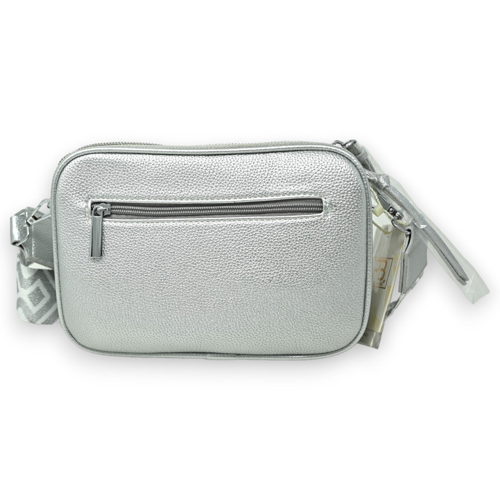 Silberne quadratische Umhängetasche aus Kunstleder mit Reißverschluss-Fronttasche und verstellbarem Schulterriemen