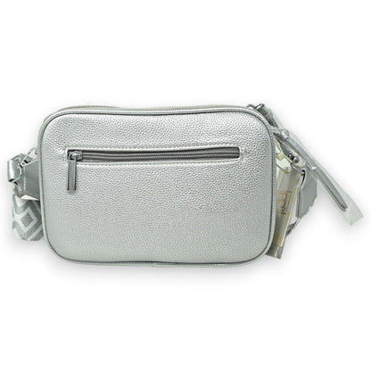 Silberne quadratische Umhängetasche aus Kunstleder mit Reißverschluss-Fronttasche und verstellbarem Schulterriemen