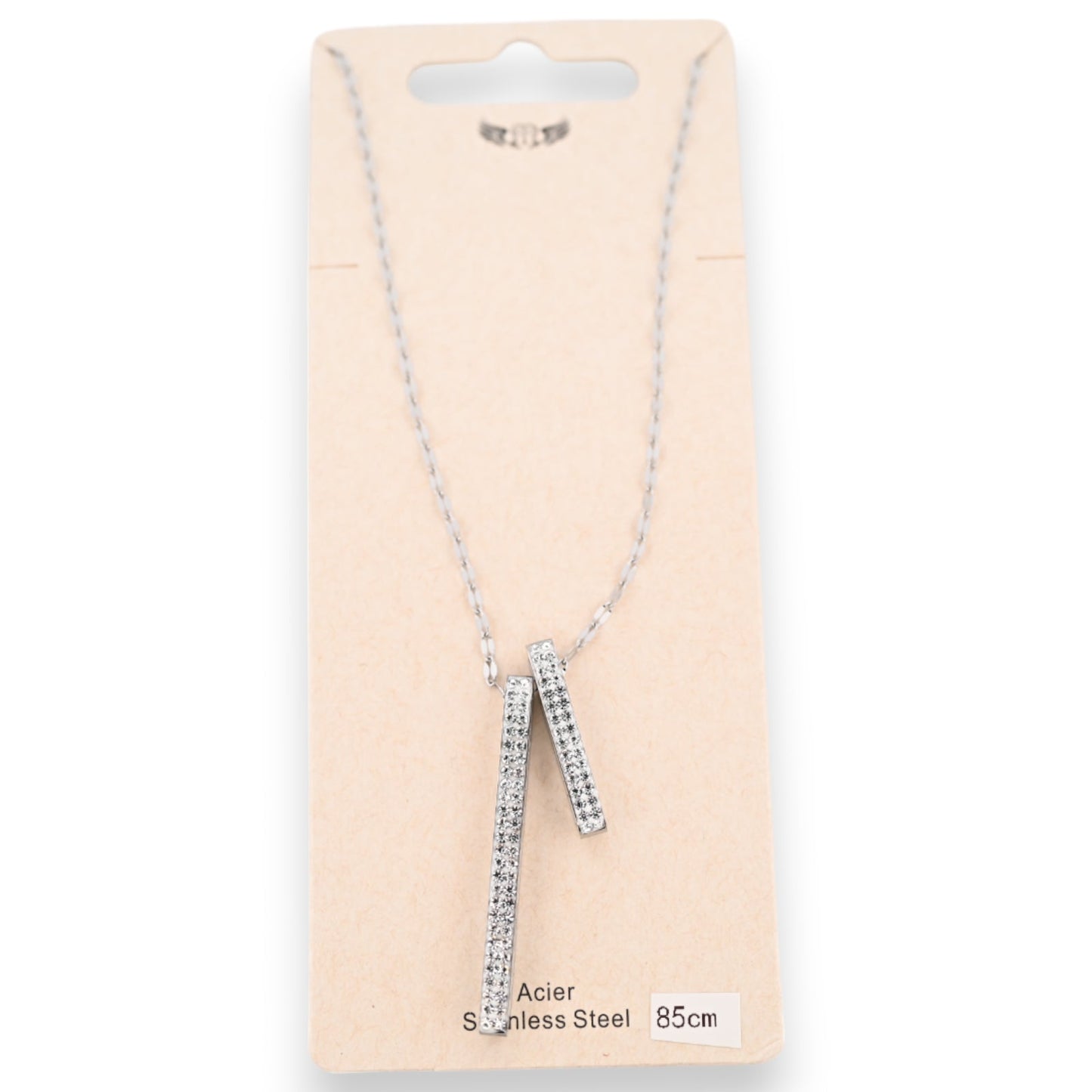 Halskette aus silbernem Stahl mit 2 Röhren von funkelnden Strasssteinen