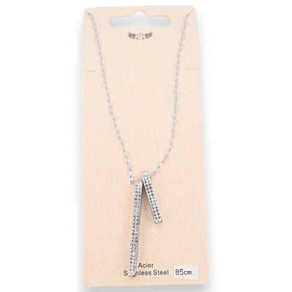 Halskette aus silbernem Stahl mit 2 Röhren von funkelnden Strasssteinen