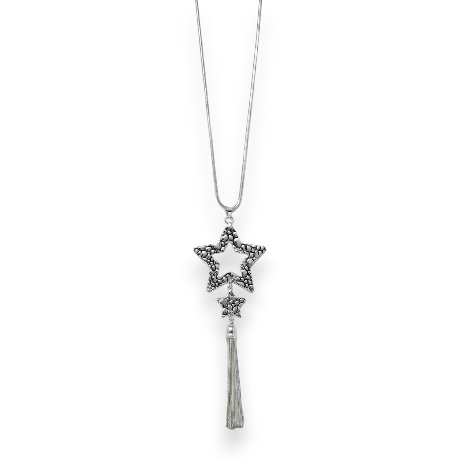 Lange silberne Halskette mit Sternanhänger aus Perlen und Quaste, eleganter Schmuck für Damen