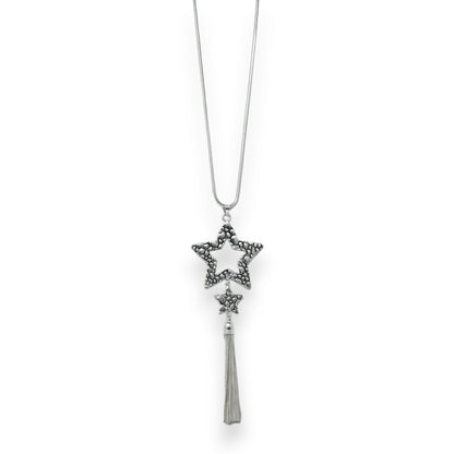 Lange silberne Halskette mit Sternanhänger aus Perlen und Quaste, eleganter Schmuck für Damen