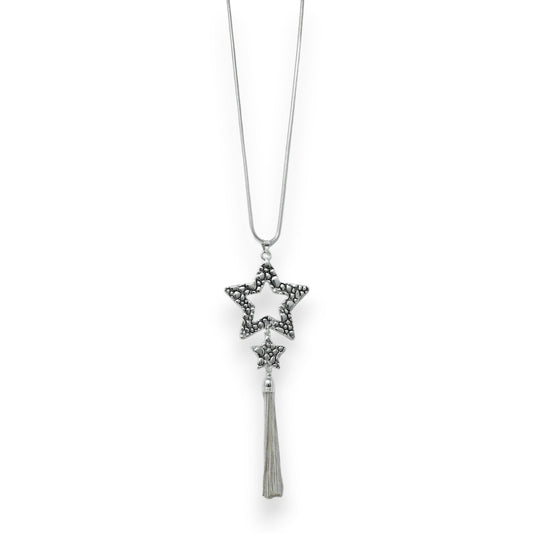 Lange silberne Halskette mit Sternanhänger aus Perlen und Quaste, eleganter Schmuck für Damen