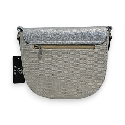 Elegante silberne Umhängetasche aus Leinen und Leder mit Reißverschluss, Marke Mélanie Paris, modernes Design