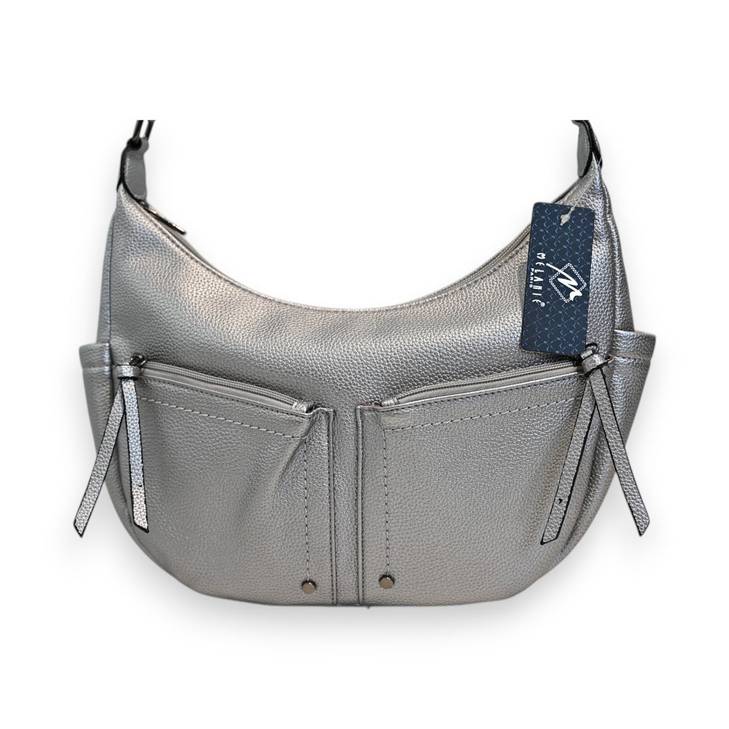 Elegante silberne Umhängetasche aus Leder mit Fronttaschen und Reißverschlüssen, Marke Melanie Paris, modernes Design
