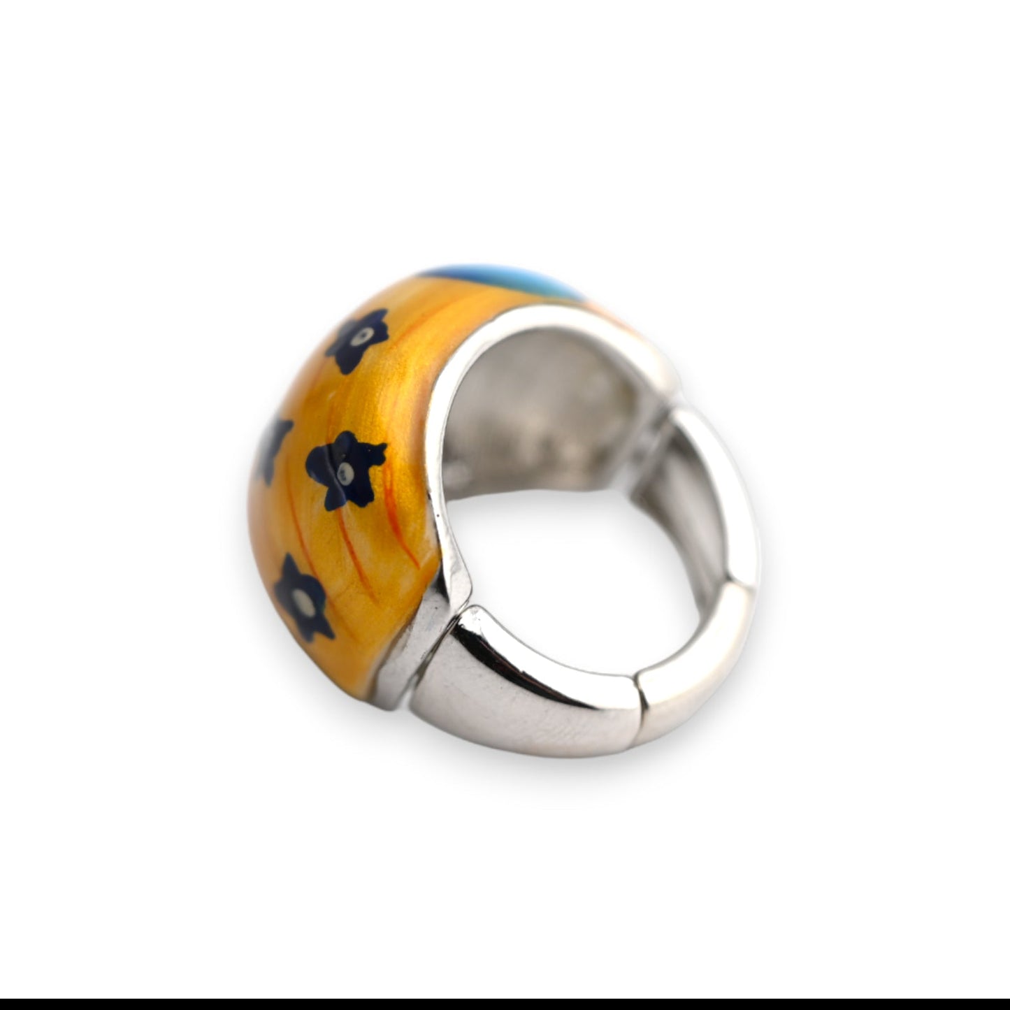 Silberner Ring mit gelber Emaille und blauen Blumenmotiven, handgefertigte Schmuckstück mit kontrastreichem Design
