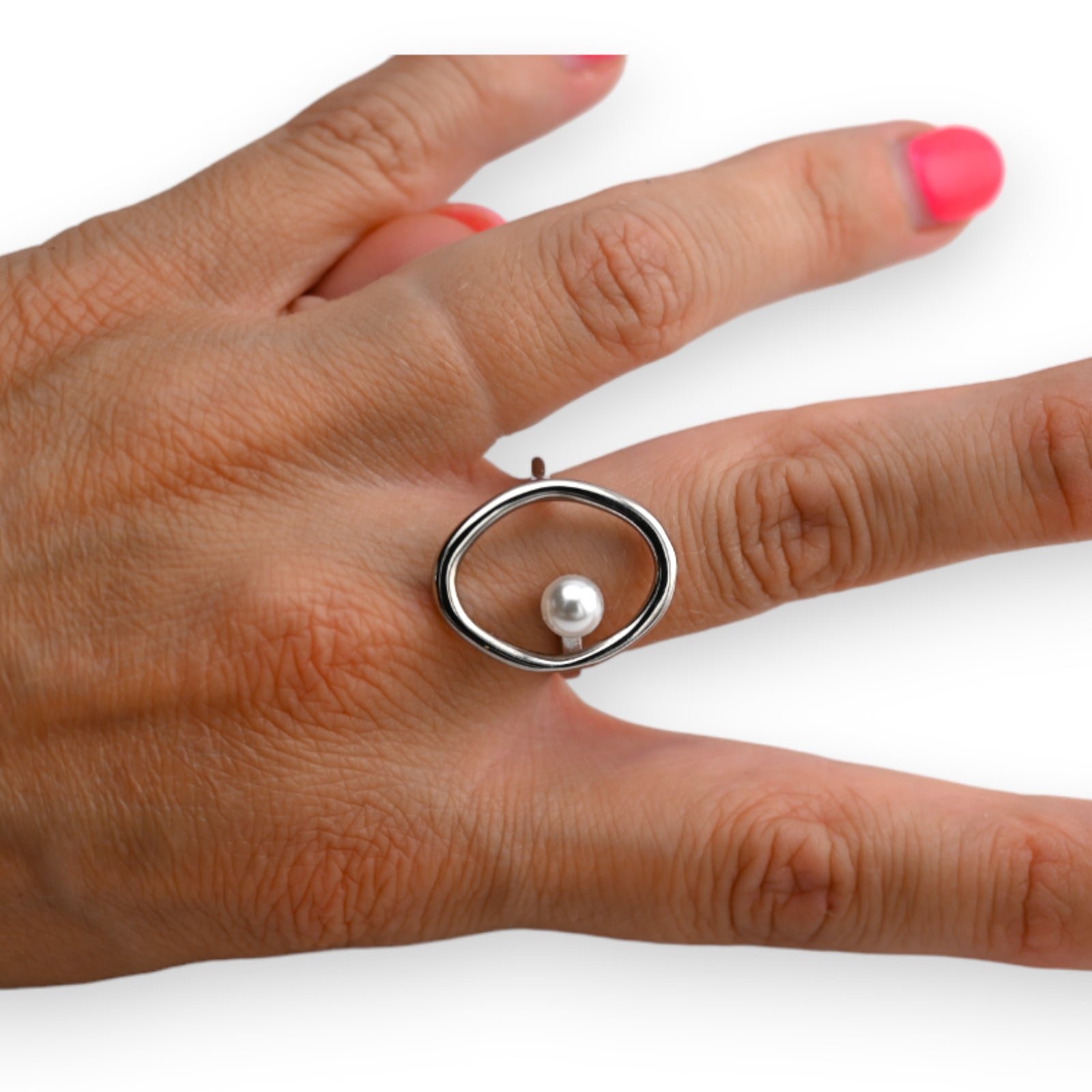 Bague acier argenté ovale et perle