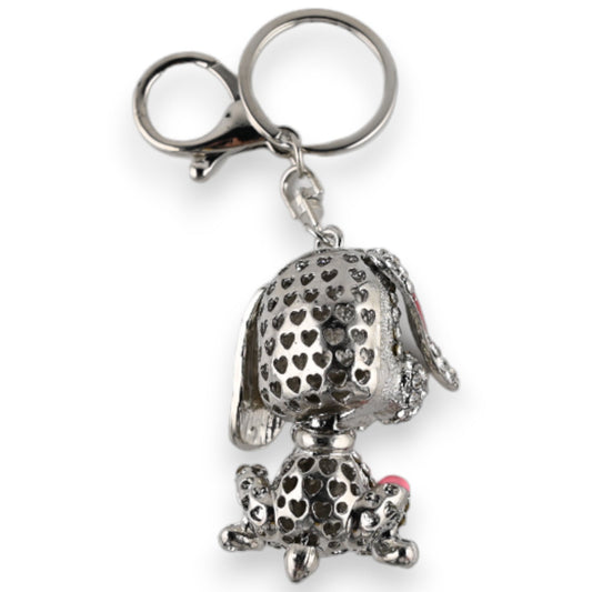 Silberner Schlüsselanhänger in Form eines sitzenden Hundes mit Herzmuster, dekorativer Anhänger aus Metall