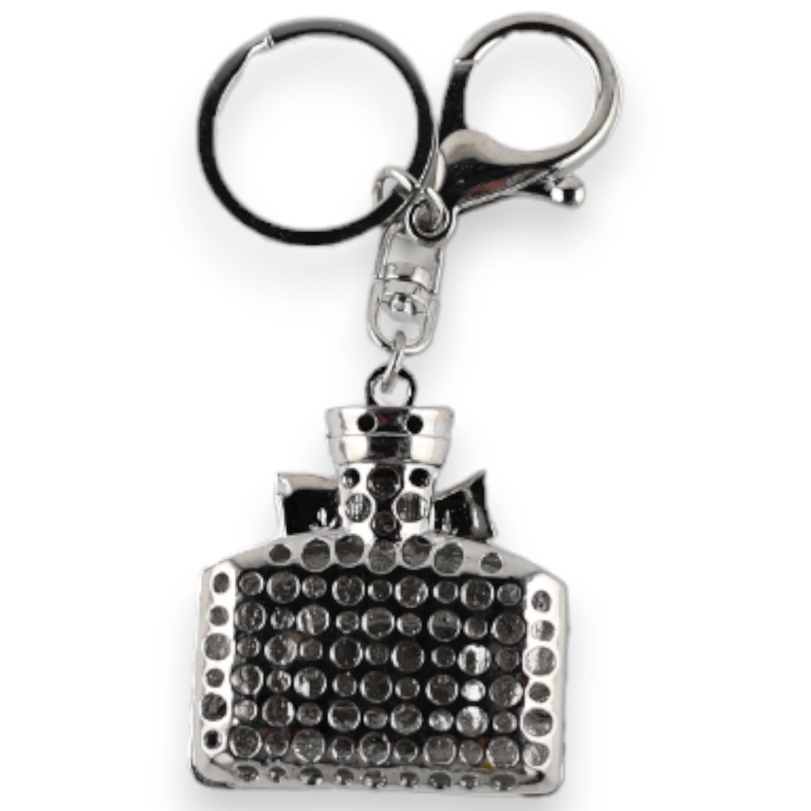 Silberner Schlüsselanhänger in Form einer eleganten Parfümflasche mit glitzernden Kristallen besetzt, Modeschmuck