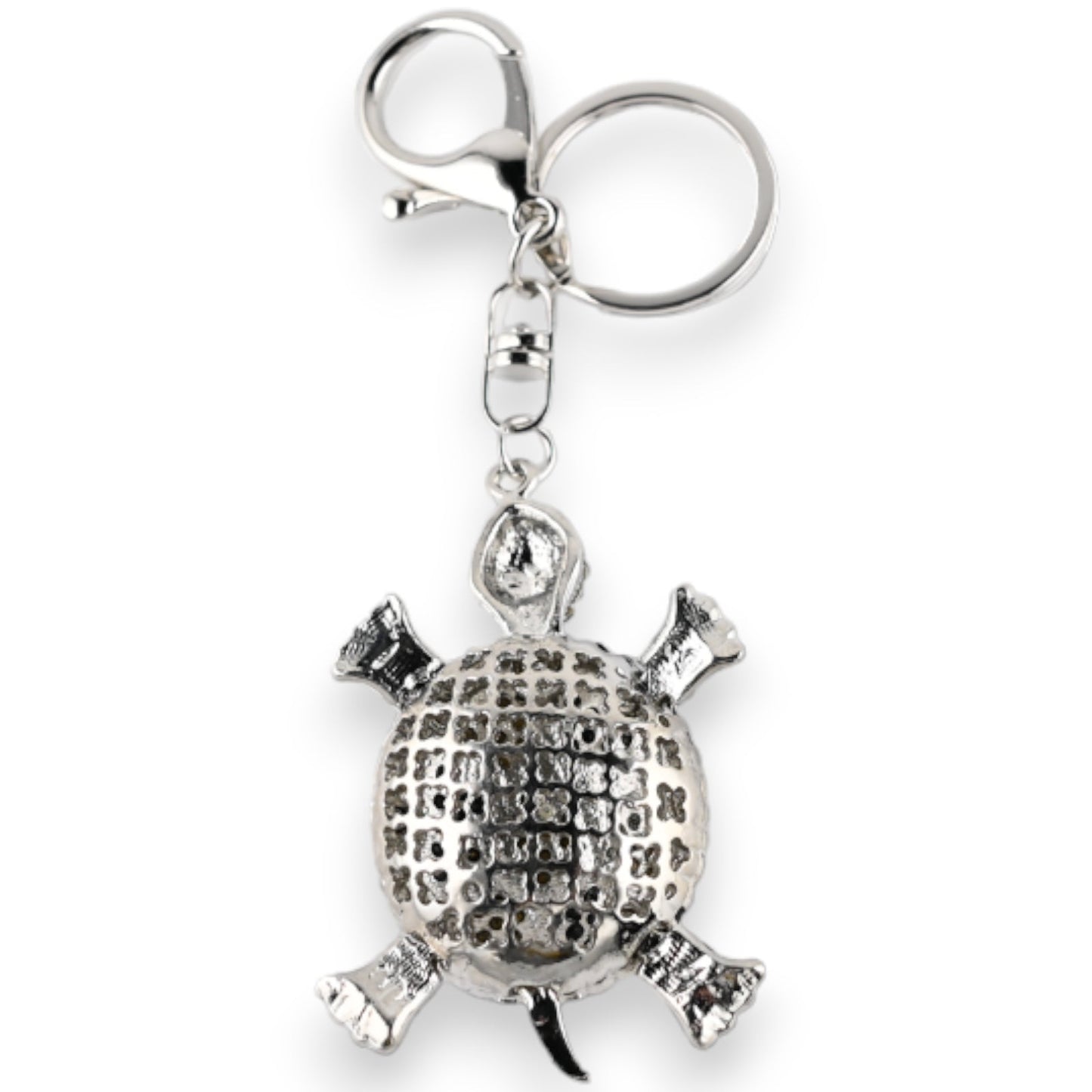 Silberner Schlüsselanhänger mit Strass-Schildkröte, detailliertes Design, glänzende Oberfläche, dekorativer Anhänger