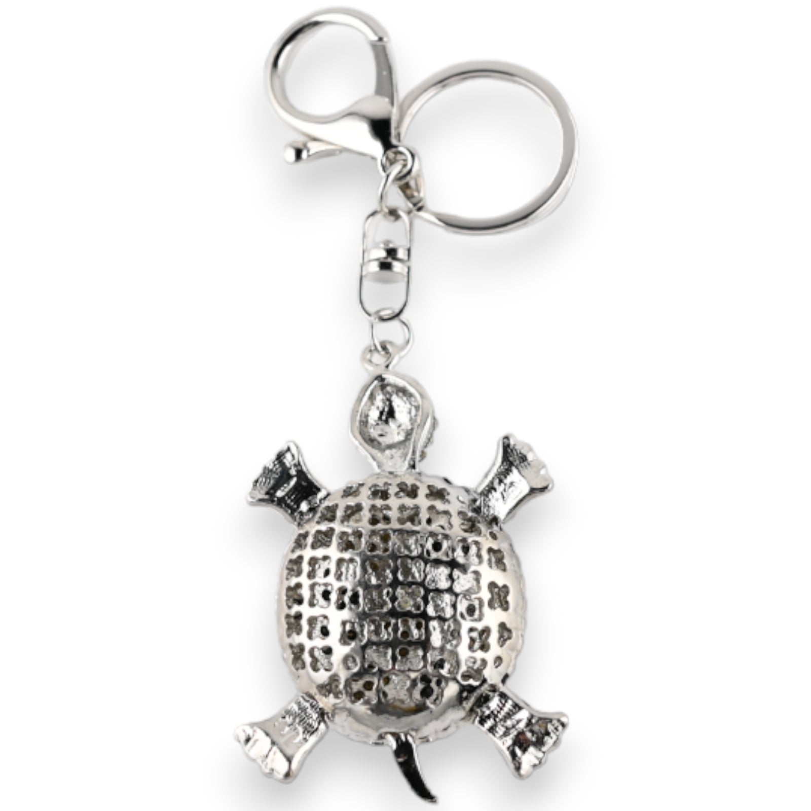 Silberner Schlüsselanhänger mit Strass-Schildkröte, detailliertes Design, glänzende Oberfläche, dekorativer Anhänger
