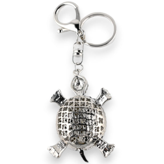 Silberner Schlüsselanhänger mit Strass-Schildkröte, detailliertes Design, glänzende Oberfläche, dekorativer Anhänger