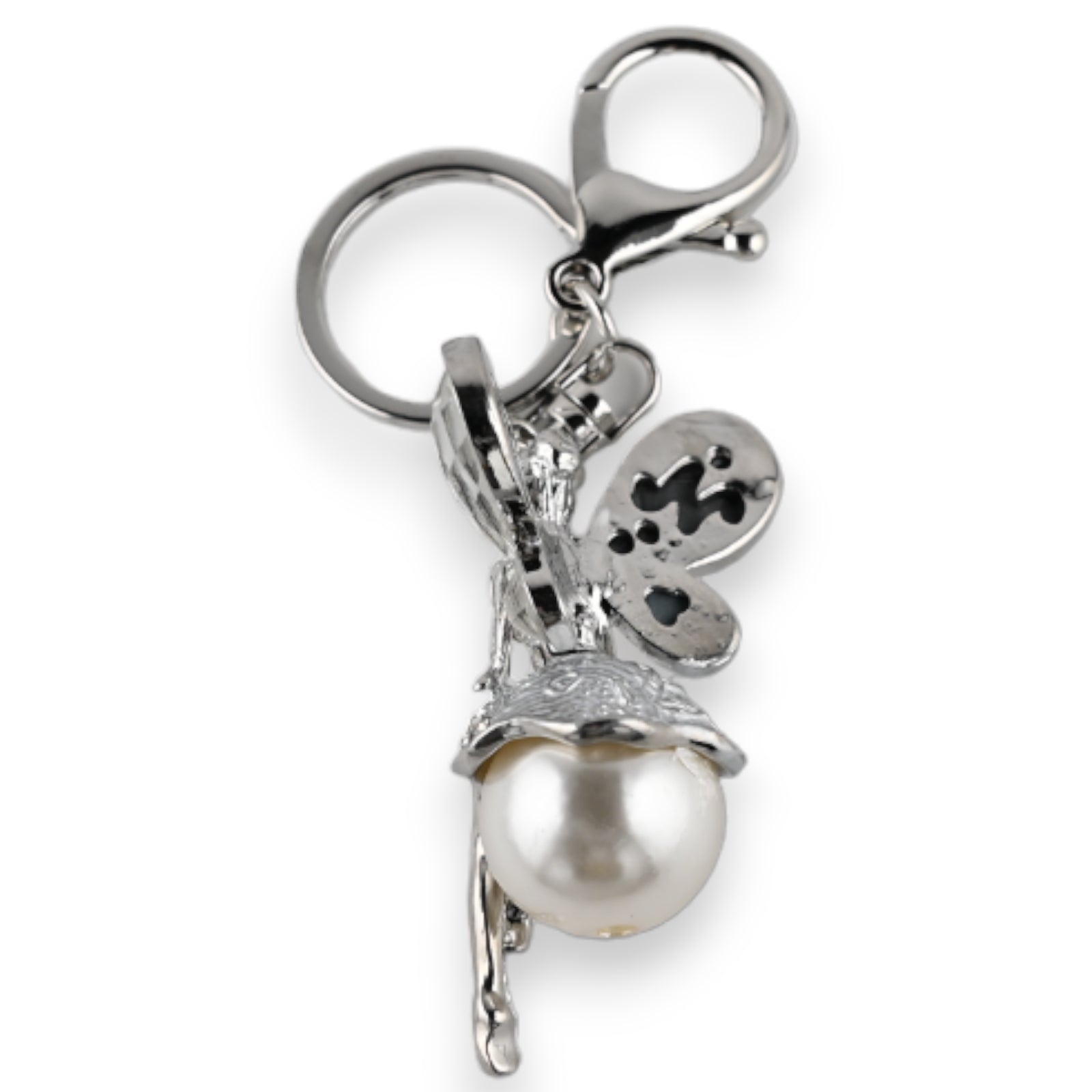 Silberner Schlüsselanhänger mit Feen-Anhänger, Perle und Schmetterling-Charm, elegantes Accessoire für Taschen oder Schlüssel