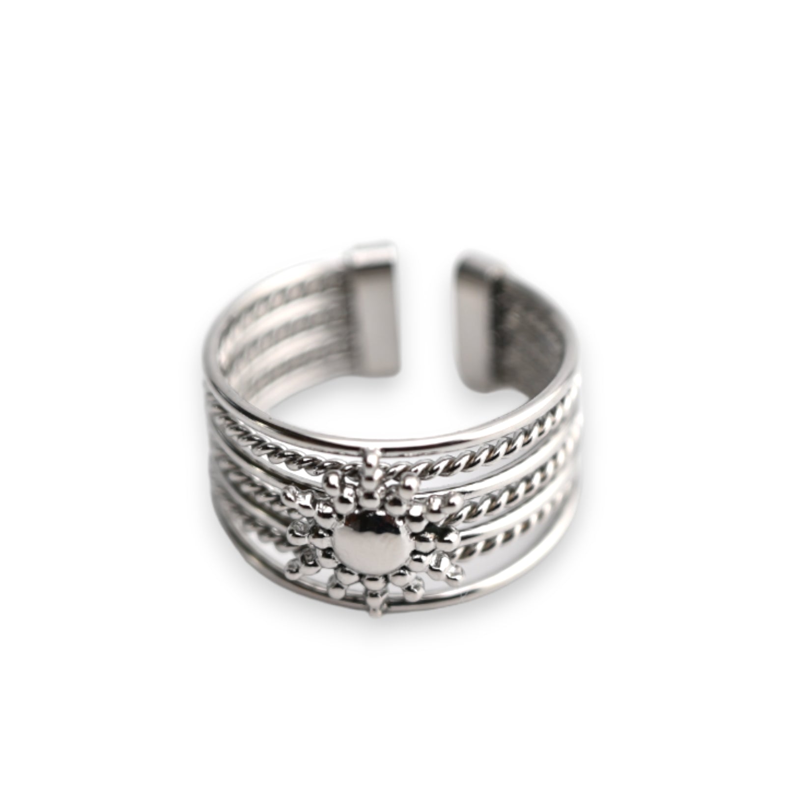 Silberner Sonnenring aus Stahl mit geflochtenem Design, verstellbar, mehrere Reihen und Sonnenmotiv in der Mitte