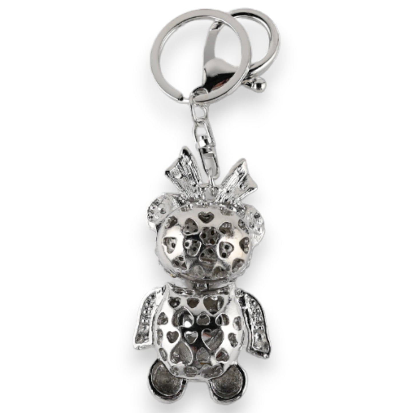 Silberner Schlüsselanhänger in Form eines Teddybären mit Herzmuster, Krone und Flügeln als Anhänger an einem Ring