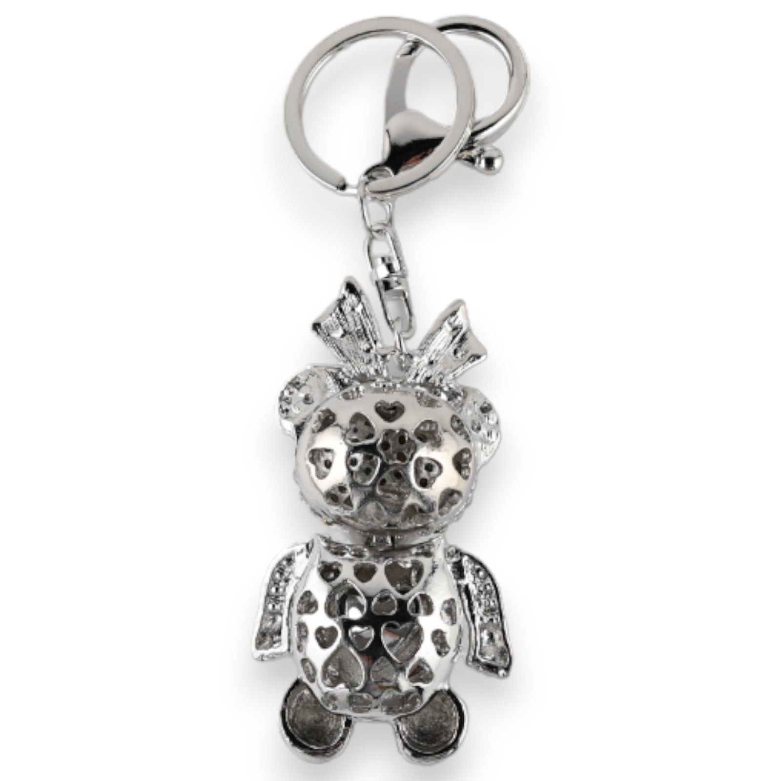 Silberner Schlüsselanhänger in Form eines Teddybären mit Herzmuster, Krone und Flügeln als Anhänger an einem Ring