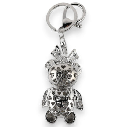 Silberner Schlüsselanhänger in Form eines Teddybären mit Herzmuster, Krone und Flügeln als Anhänger an einem Ring