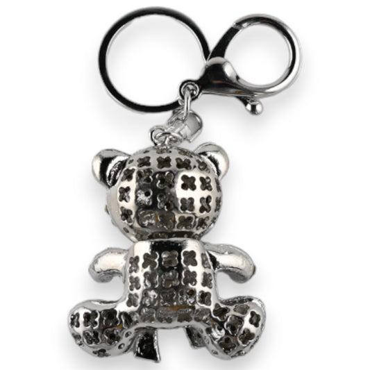 Silberner Schlüsselanhänger in Form eines Teddybären mit weißem Knotenmuster, luxuriöses Design für Taschen und Schlüssel