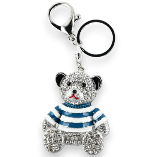 Silberner Schlüsselanhänger Teddy T-Shirt mit blau-grünem Streifen