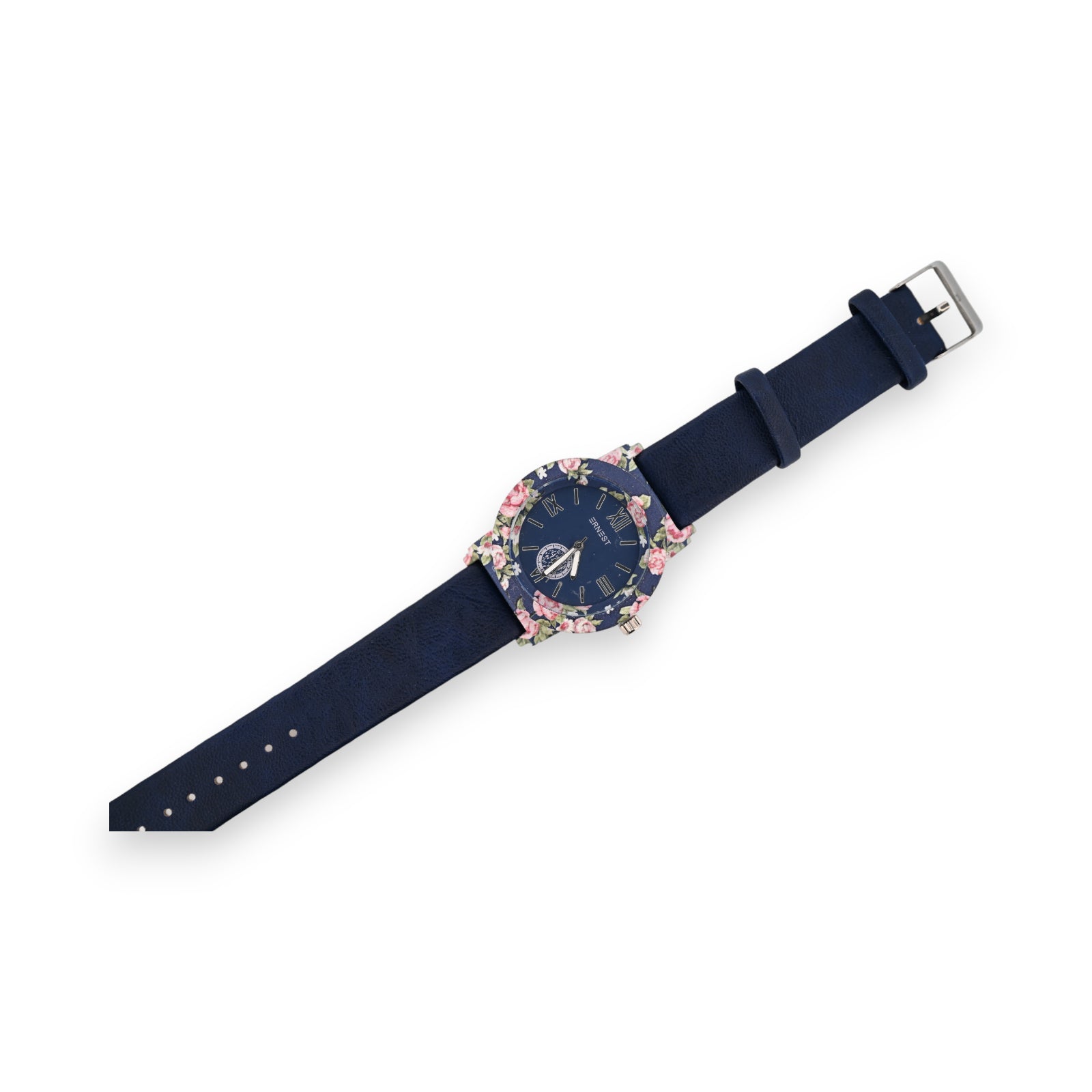 Elegante Damen-Armbanduhr mit marineblauem Lederarmband und floralem Zifferblatt in Blau und Rosa