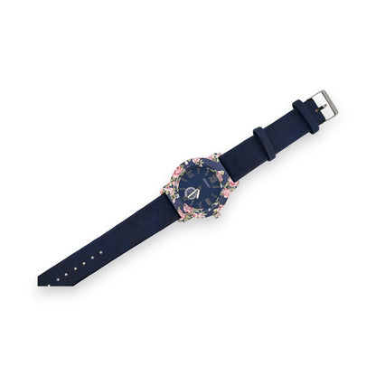 Elegante Damen-Armbanduhr mit marineblauem Lederarmband und floralem Zifferblatt in Blau und Rosa