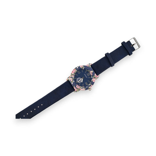 Elegante Damen-Armbanduhr mit marineblauem Lederarmband und floralem Zifferblatt in Blau und Rosa