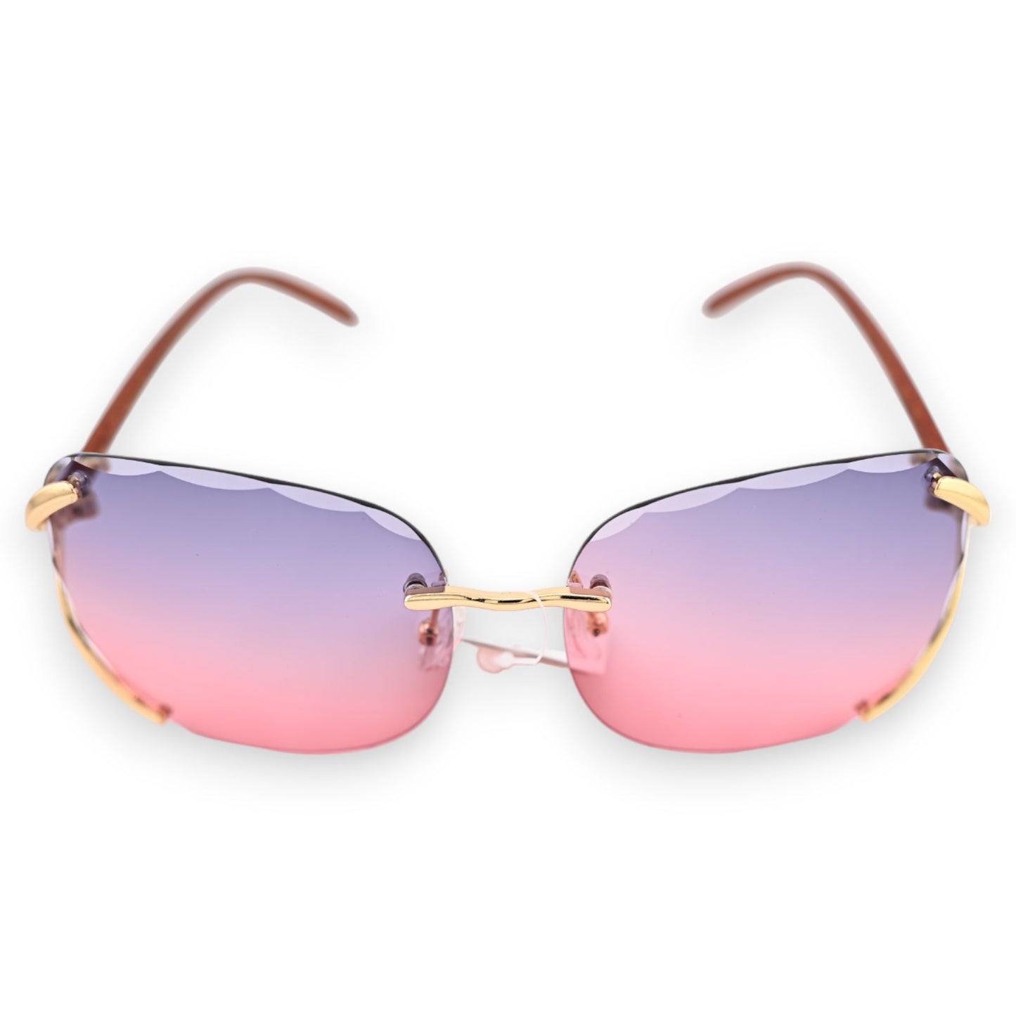 Sonnenbrille mit rahmenlosem Design und Farbverlauf von Lila zu Rosa, goldenen Bügeln und braunen Ohrbügeln