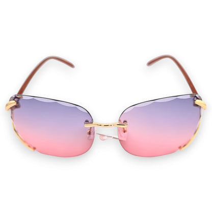 Sonnenbrille mit rahmenlosem Design und Farbverlauf von Lila zu Rosa, goldenen Bügeln und braunen Ohrbügeln