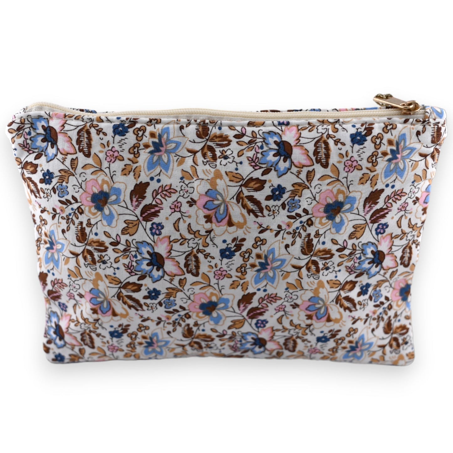 Stofftasche mit pastellfarbenem Blumenmuster, Reißverschluss oben, romantisches Design in Blau, Rosa und Braun