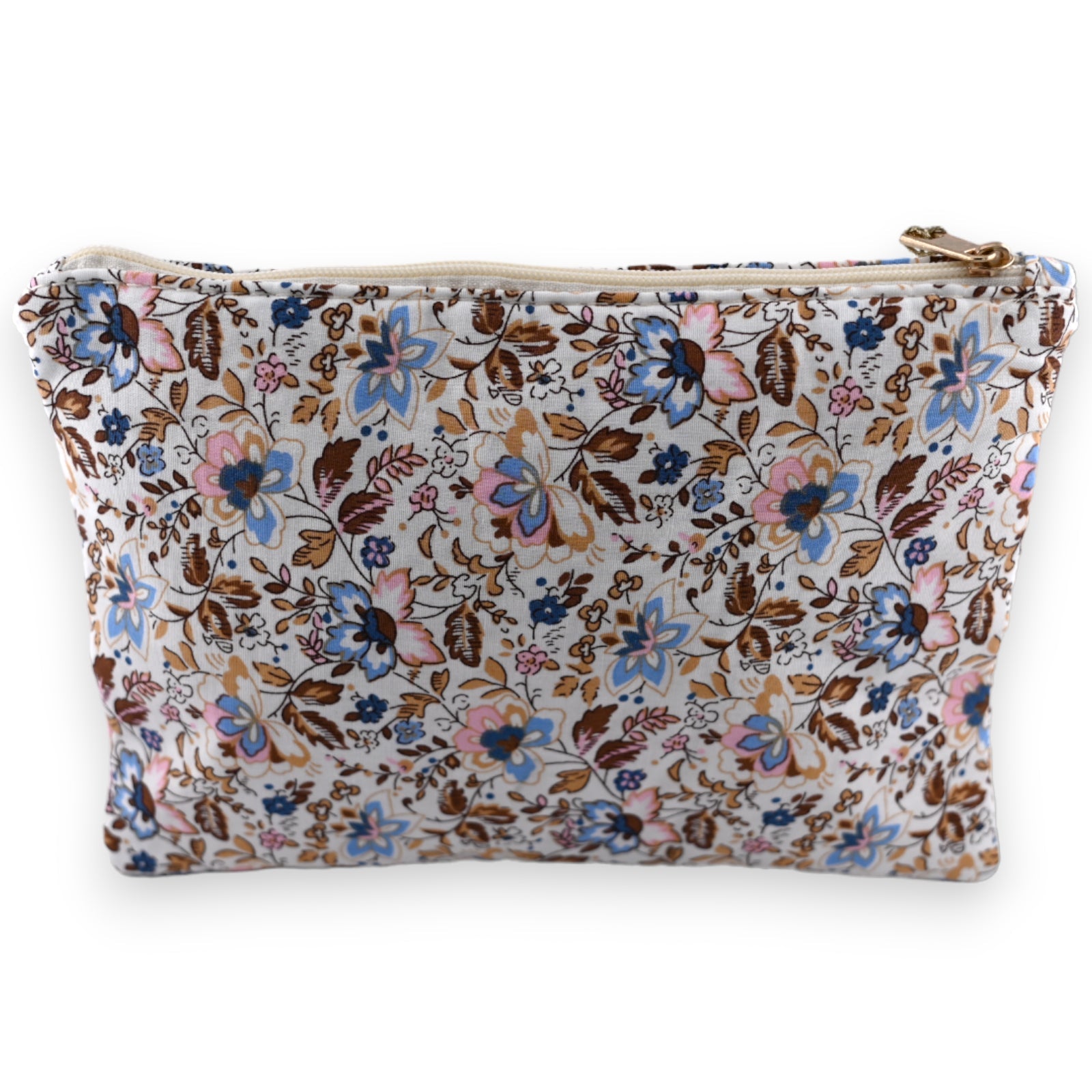 Stofftasche mit pastellfarbenem Blumenmuster, Reißverschluss oben, romantisches Design in Blau, Rosa und Braun