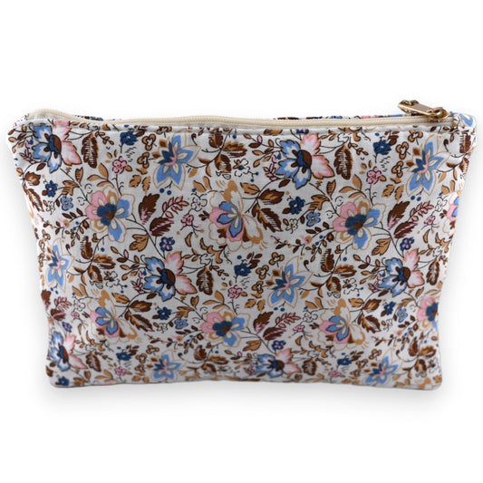 Stofftasche mit pastellfarbenem Blumenmuster, Reißverschluss oben, romantisches Design in Blau, Rosa und Braun