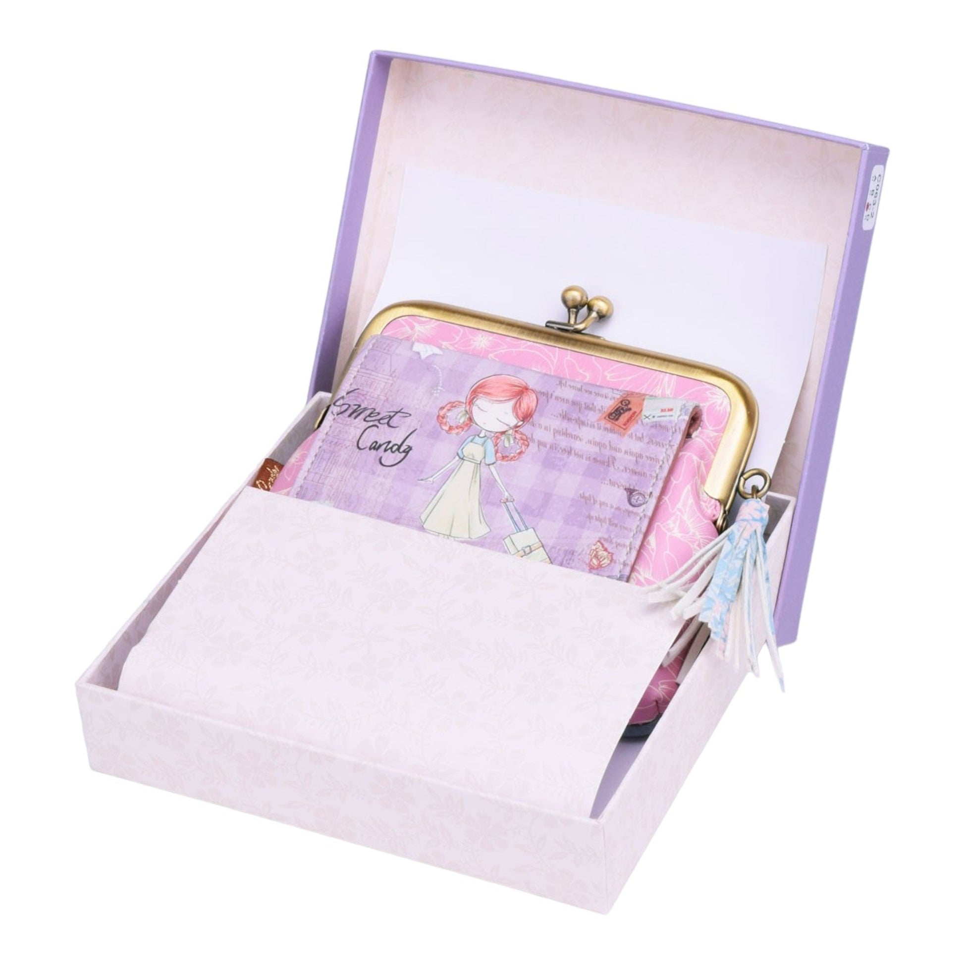 Süße Geldbörse mit Cartoon-Mädchen-Motiv in lila Box, Sweet & Candy Design, Geschenkidee für Mädchen